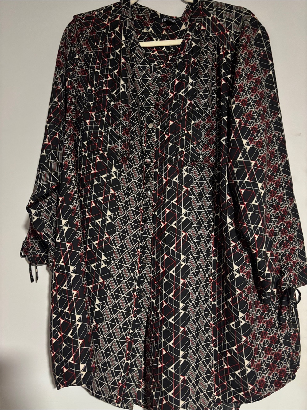 Roz & Ali Black, White & Red Geometric Button-Up Blouse